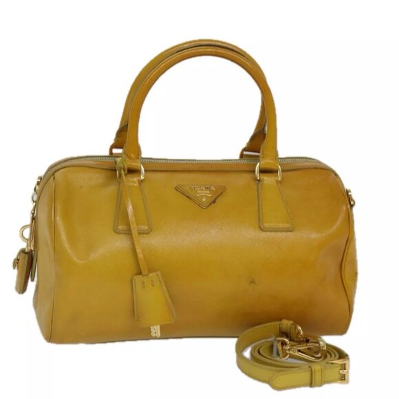 PRADA Hand Bag Safiano leather 2way Yellow Gold Auth - Picture 1 of 16